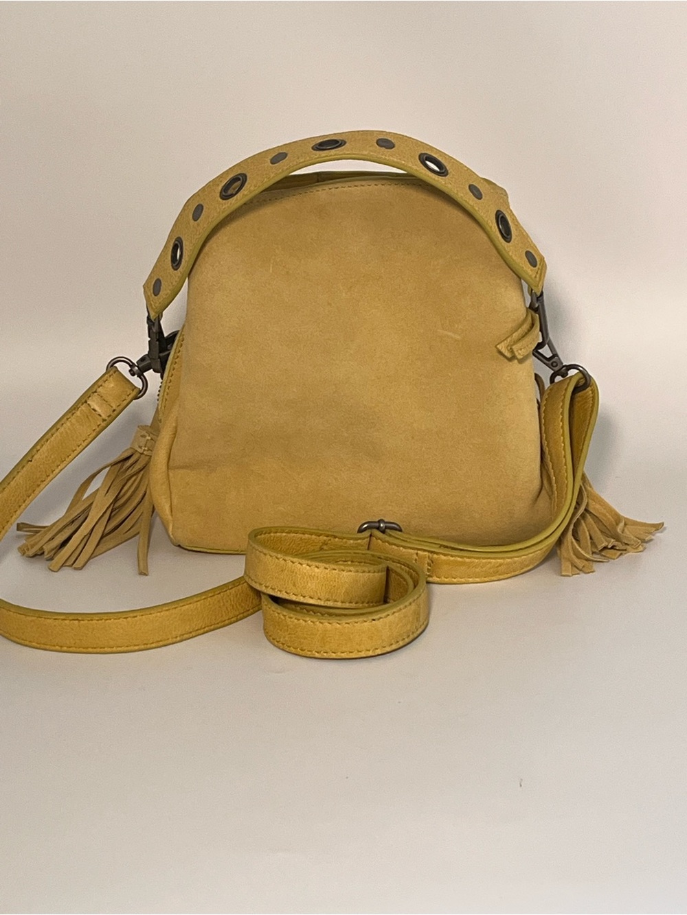 Free People Mustard Suede Sindy Crossbody Bag Removable Grommet Handle Silver